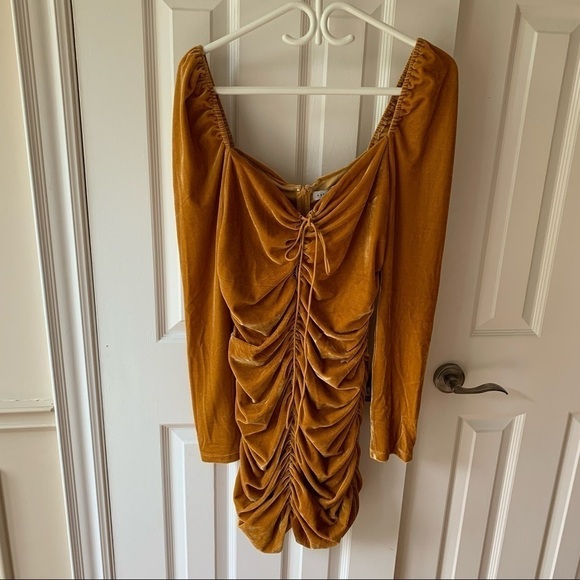 Endless Rose Ruched Long Sleeve Velvet Bodycon Dress Yellow - Picture 2 of 12